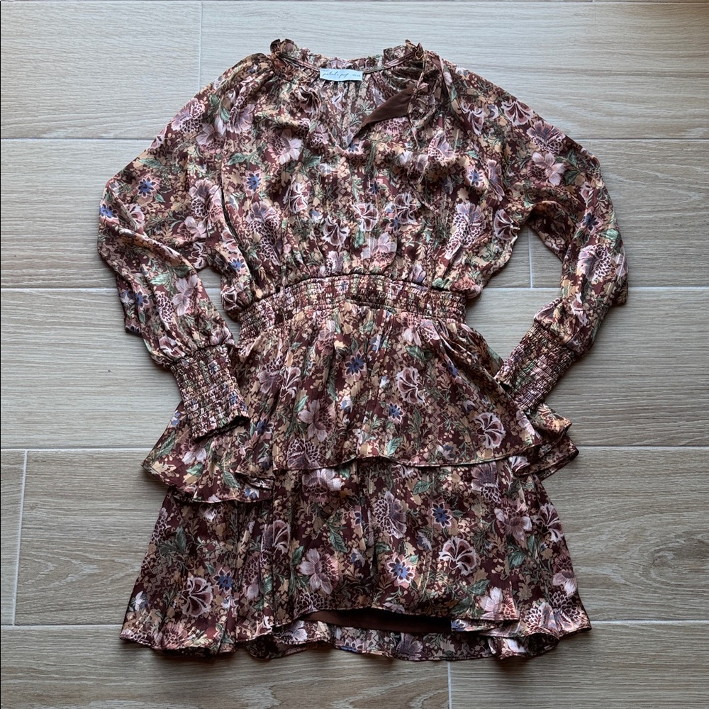 Petal & Pup maroon floral metallic Long Sleeve ruffled tiered mini dress